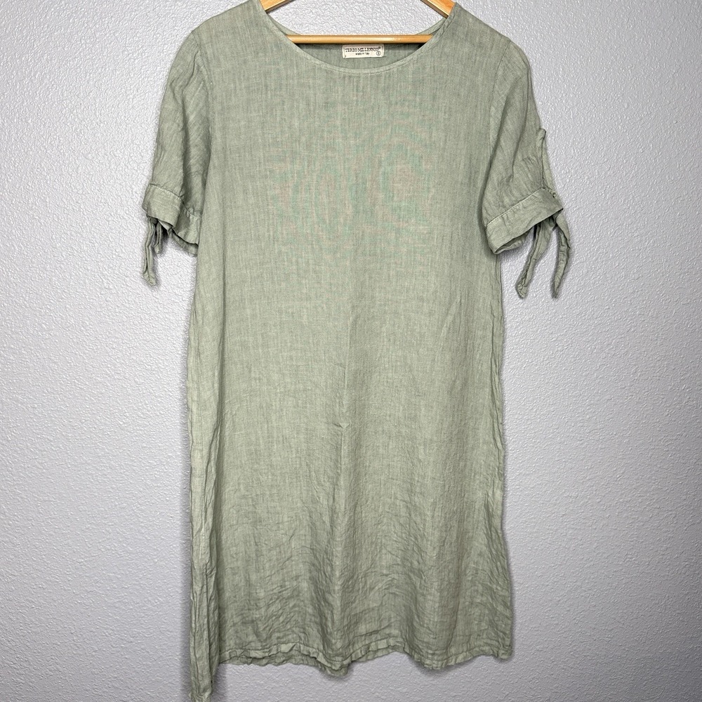 Terzo Millennio S 100% Linen Dress Sage Green Made Italy Tie Sleeve Coastal